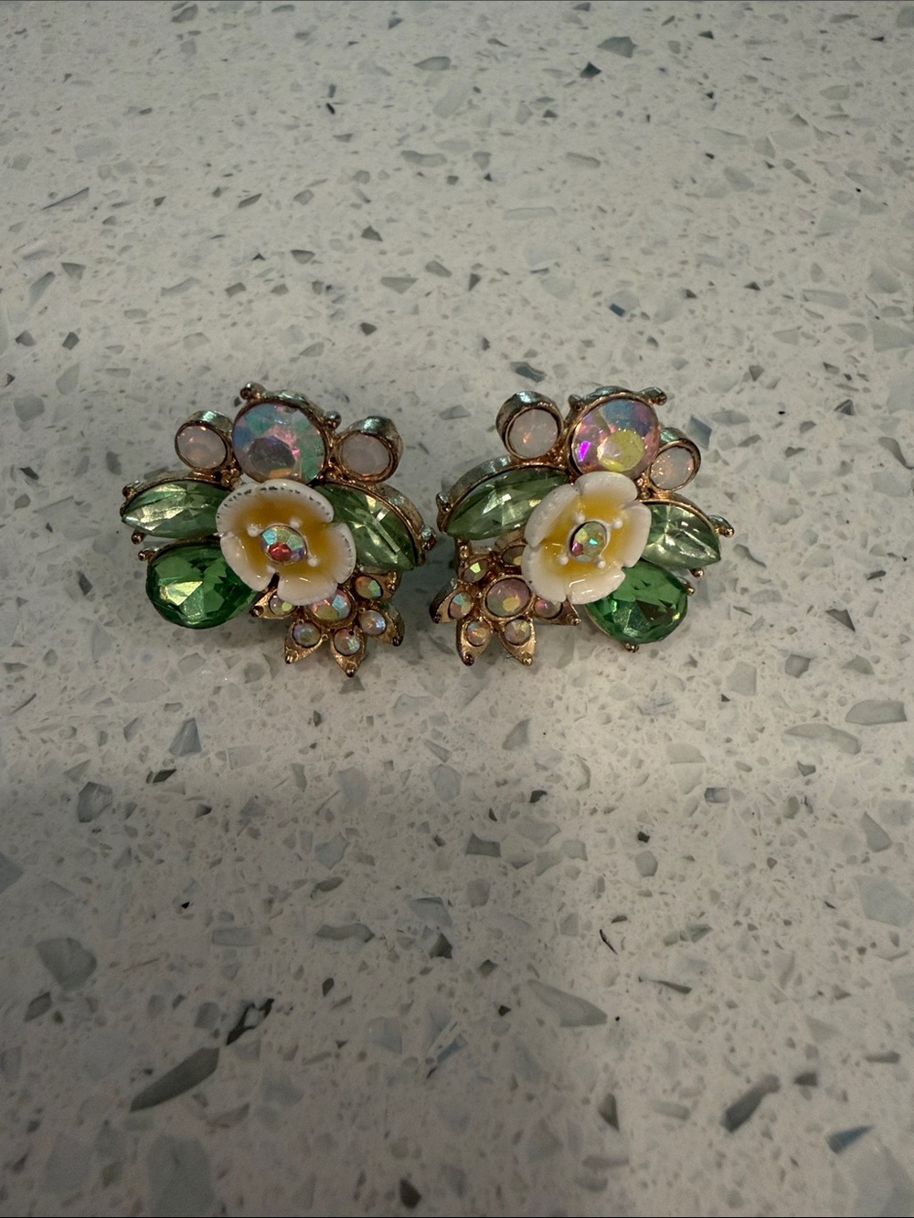 Betsey Johnson Green and Yellow Floral Crystal Stud Earrings